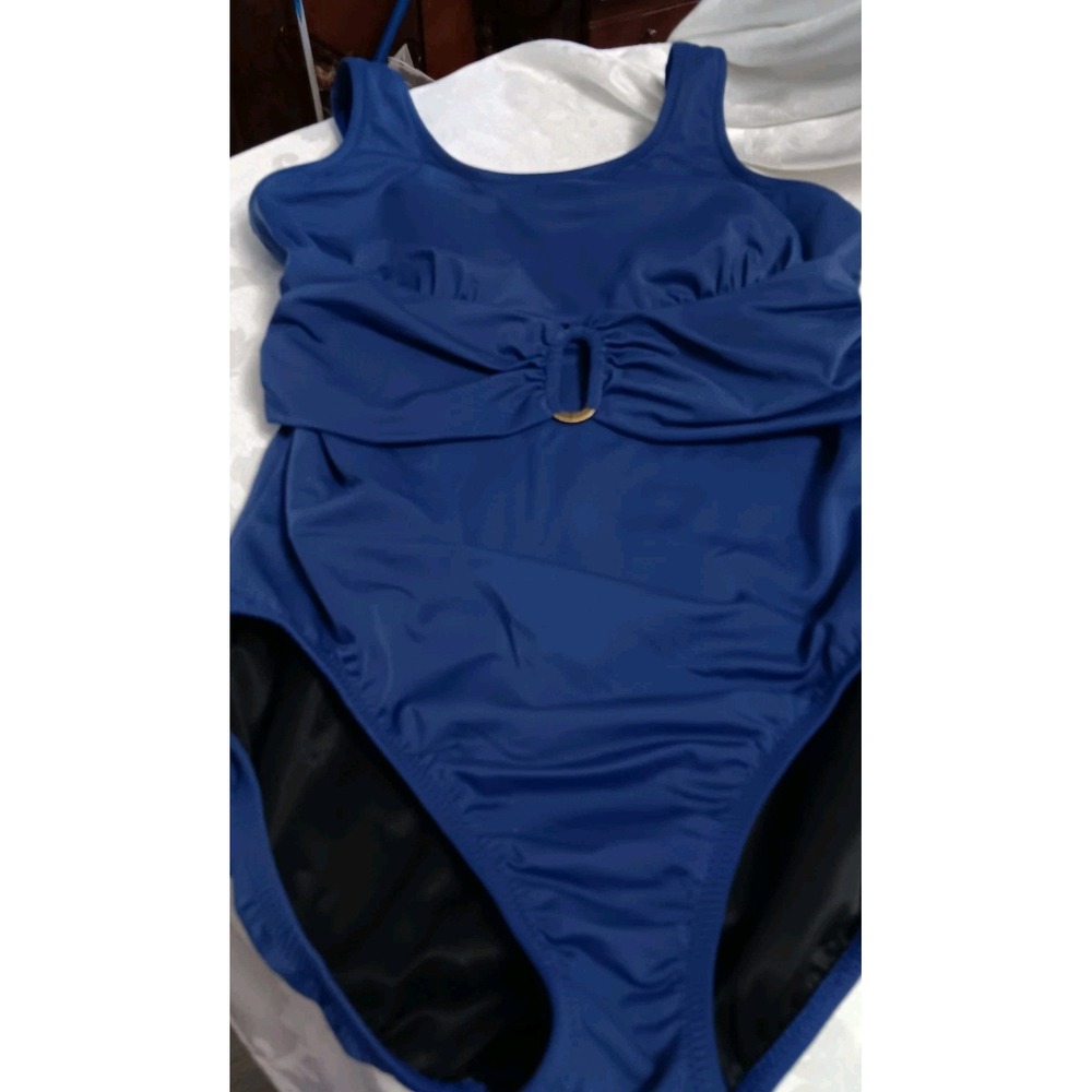 Lands End Womens 10/M Navy Blue One-Piece Tugless Low Leg Swimsuit Modest EUC